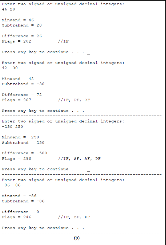 Figure showing program to illustrate the use of the SUB instruction: (a) the program and (b) the outputs.