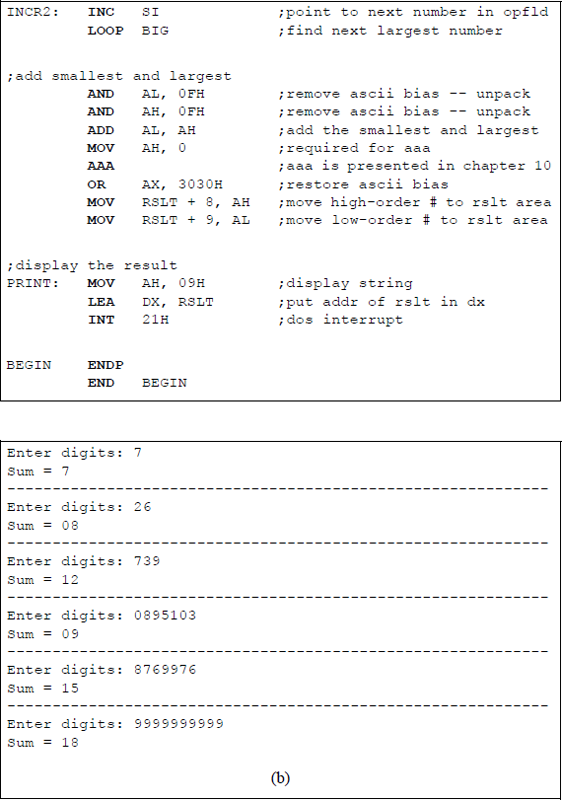 Figure showing assembly language program to obtain the sum of the smallest and largest single-digit numbers that are entered from the keyboard: (a) the program and (b) the outputs.