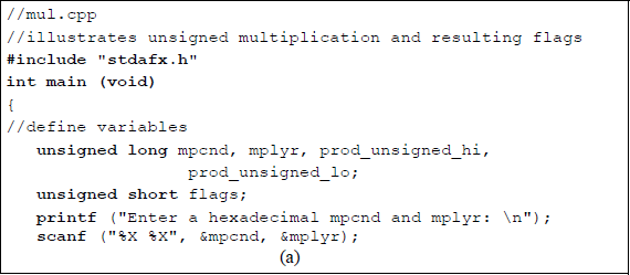 Figure showing program to illustrate unsigned multiplication and the resulting flags: (a) the program and (b) the outputs.