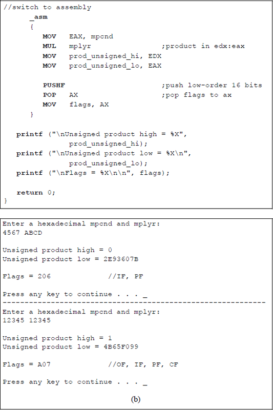 Figure showing program to illustrate unsigned multiplication and the resulting flags: (a) the program and (b) the outputs.