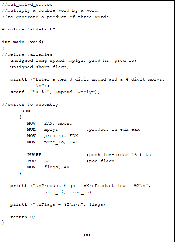 Figure showing program to illustrate multiplying a doubleword multiplicand by a word multiplier: (a) the program and (b) the outputs.