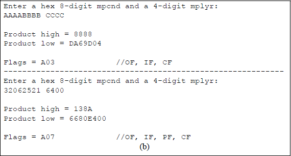 Figure showing program to illustrate multiplying a doubleword multiplicand by a word multiplier: (a) the program and (b) the outputs.