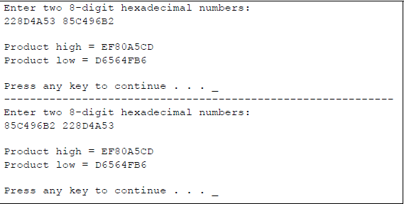 Figure showing doubleword multiplication using the one-operand form of IMUL: (a) the program and (b) the outputs.