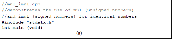 Figure showing program to illustrate unsigned and signed multiplication for identical numbers: (a) the program and (b) the outputs.