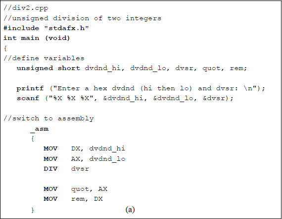 Figure showing unsigned division with the dividend in register pair DX:AX: (a) the program and (b) the outputs.