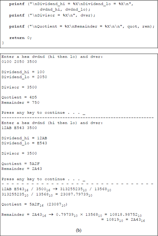 Figure showing unsigned division with the dividend in register pair DX:AX: (a) the program and (b) the outputs.