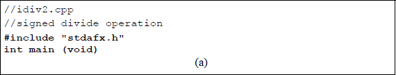 Example showing to illustrate signed division: (a) the program and (b) the outputs.