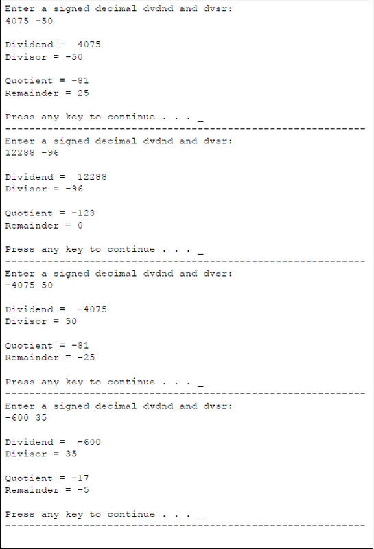 Example showing to illustrate signed division: (a) the program and (b) the outputs.
