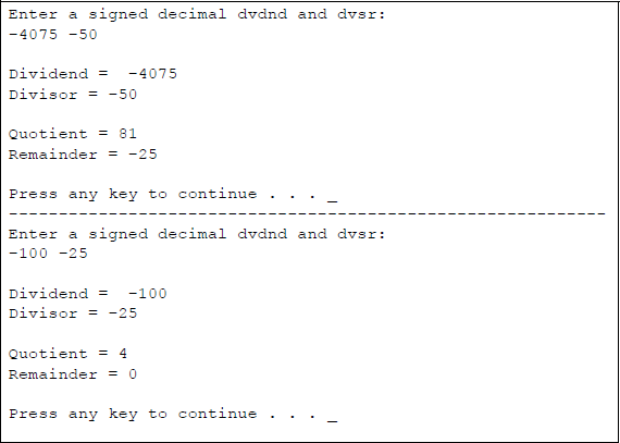 Example showing to illustrate signed division: (a) the program and (b) the outputs.