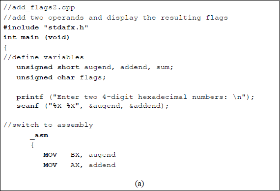 Figure showing program to illustrate the AND instruction and flag generation: (a) the program and (b) the outputs.