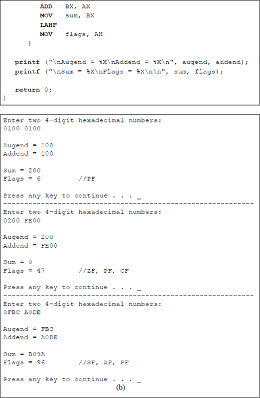Figure showing program to illustrate the AND instruction and flag generation: (a) the program and (b) the outputs.