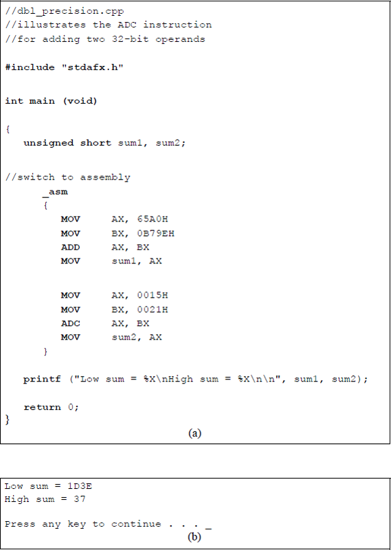 Figure showing program illustrating using the ADC instruction to add two 32-bit operands: (a) the program and (b) the outputs.