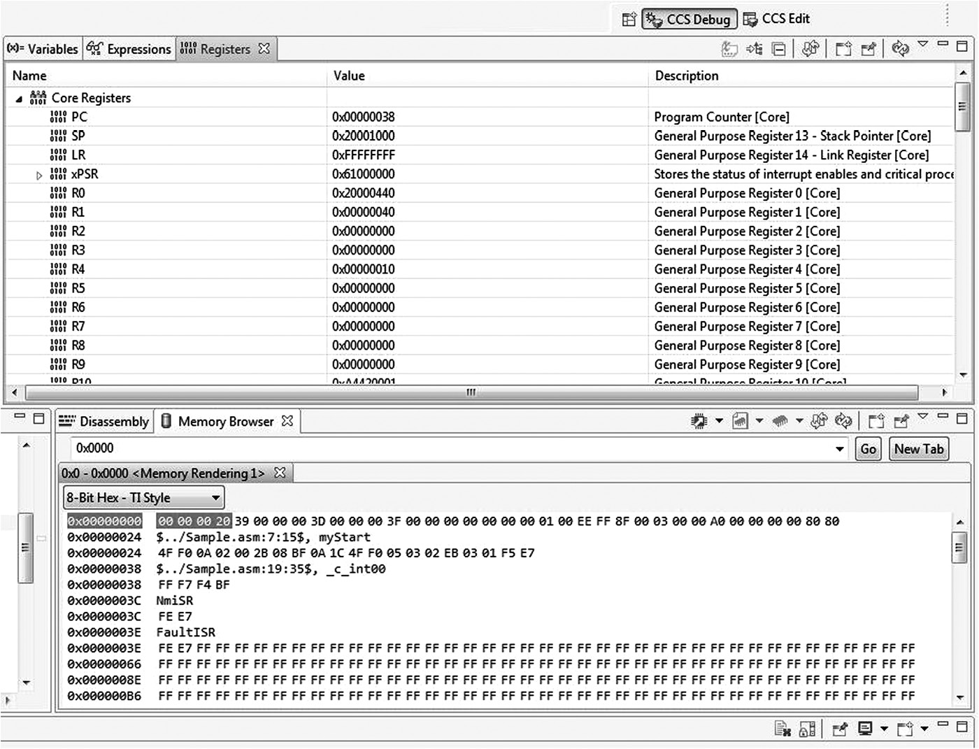 Image of Register and memory windows in CCS.