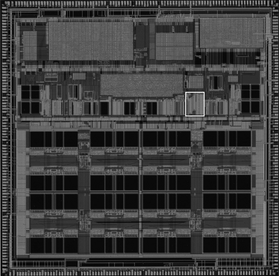 Image of ARM10200 die photo with multiplier array highlighted.
