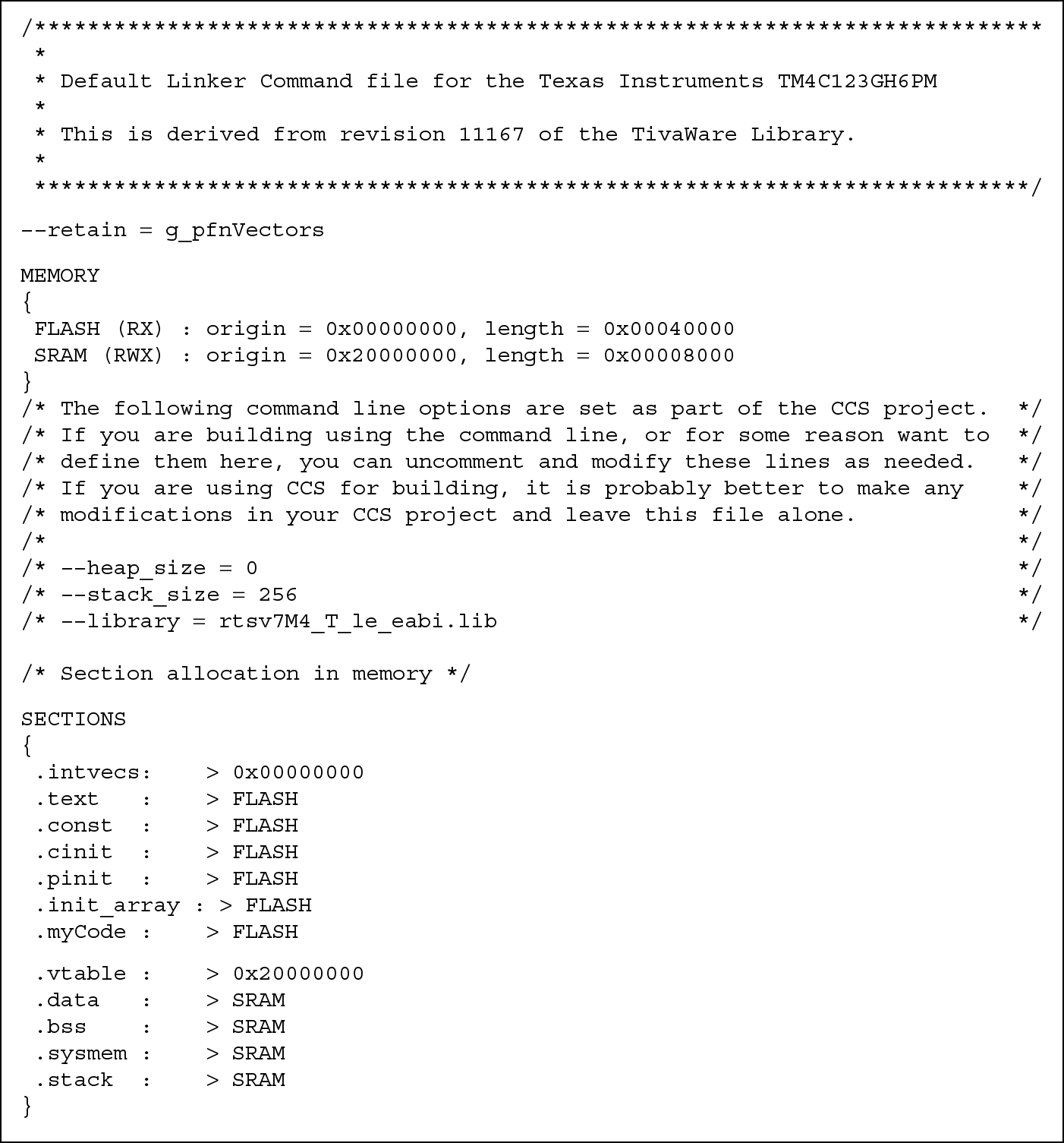 Image ofCode Composer Studio linker command file. 
