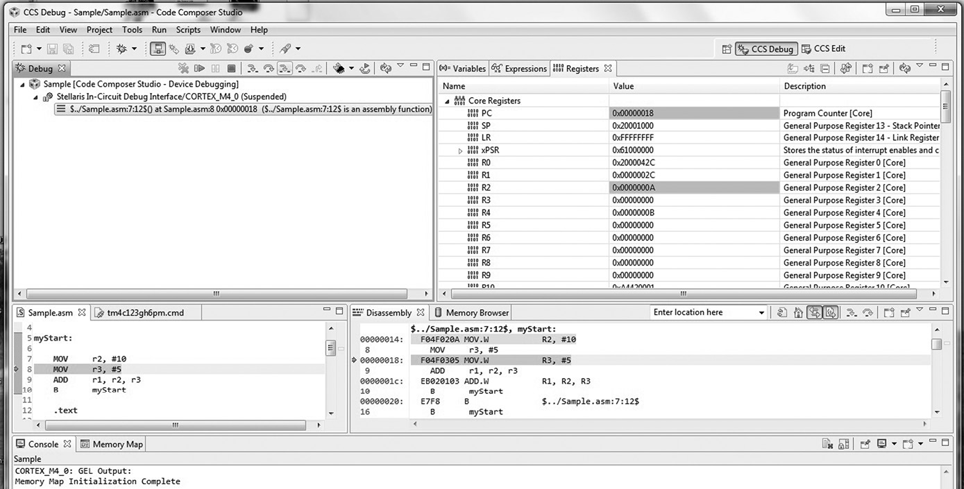 Image of Sample code running in the debugger.