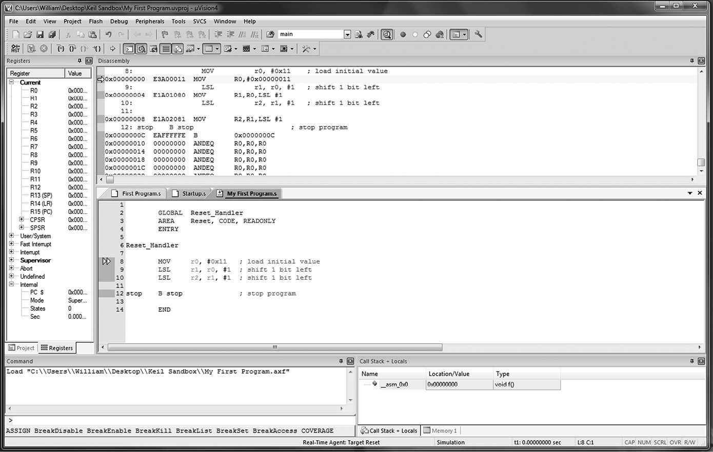 Image of Running code in the debugger.