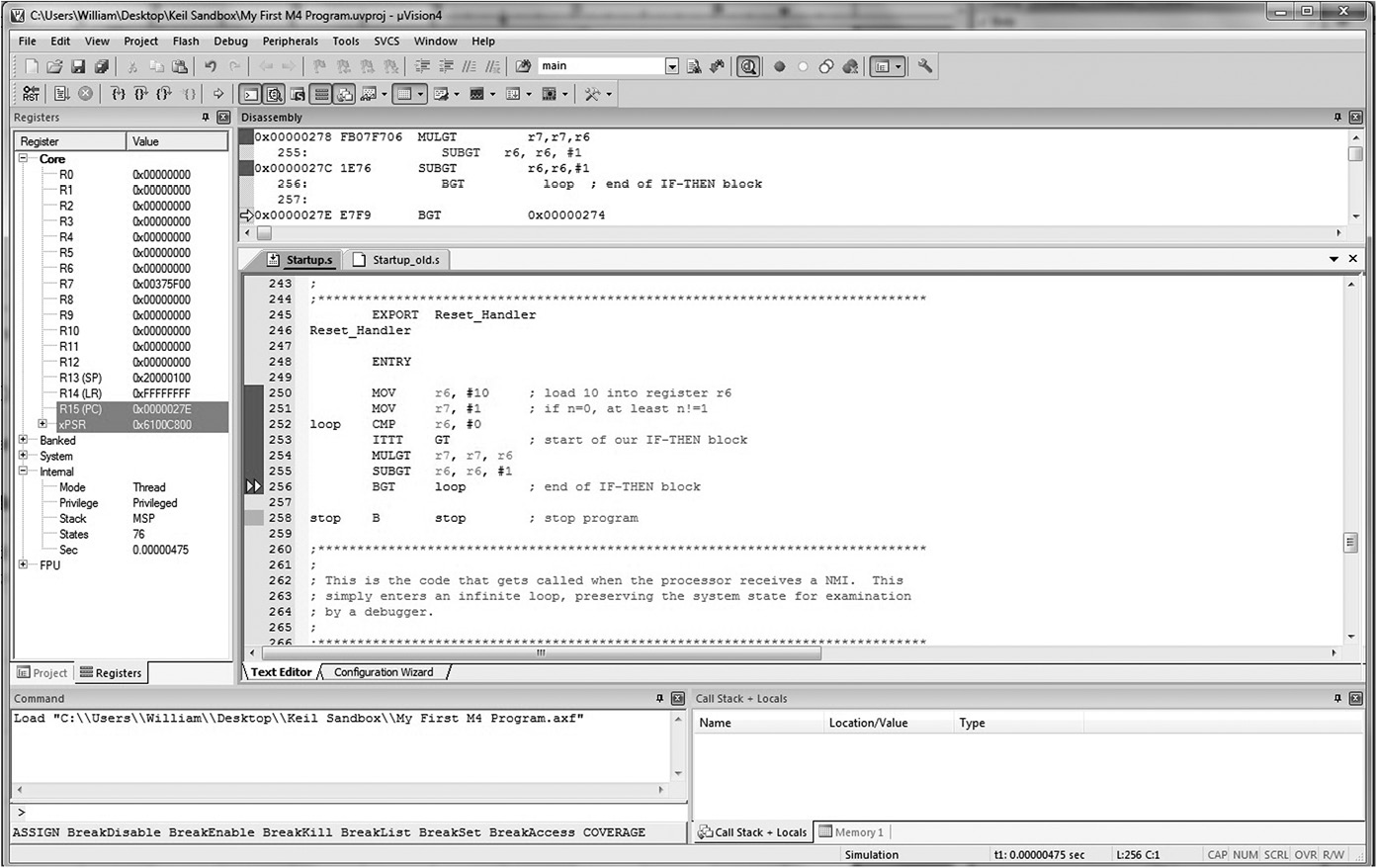 Image of Running code in the debugger.