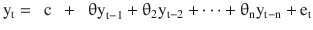 $$ {\mathrm{y}}_{\mathrm{t}}=\kern0.5em \mathrm{c}\kern0.5em +\kern0.5em {\uptheta \mathrm{y}}_{\mathrm{t}-1}+{\uptheta}_2{\mathrm{y}}_{\mathrm{t}-2} + \dots + {\uptheta}_{\mathrm{n}}{\mathrm{y}}_{\mathrm{t}-\mathrm{n}} + {\mathrm{e}}_{\mathrm{t}} $$
