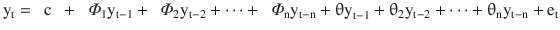 $$ {\mathrm{y}}_{\mathrm{t}}=\kern0.5em \mathrm{c}\kern0.5em +\kern0.5em {\varPhi}_1{\mathrm{y}}_{\mathrm{t}-1}+\kern0.5em {\varPhi}_2{\mathrm{y}}_{\mathrm{t}-2}+\dots +\kern0.5em {\varPhi}_{\mathrm{n}}{\mathrm{y}}_{\mathrm{t}-\mathrm{n}}+{\uptheta \mathrm{y}}_{\mathrm{t}-1}+{\uptheta}_2{\mathrm{y}}_{\mathrm{t}-2} + \dots + {\uptheta}_{\mathrm{n}}{\mathrm{y}}_{\mathrm{t}-\mathrm{n}} + {\mathrm{e}}_{\mathrm{t}} $$