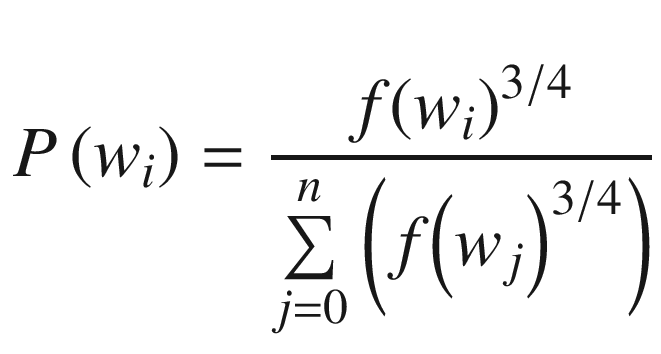 $$ P\left({w}_i\right)=\frac{f{\left({w}_i\right)}^{3/4}}{\sum \limits_{j=0}^n\left(f{\left({w}_j\right)}^{3/4}\right)} $$