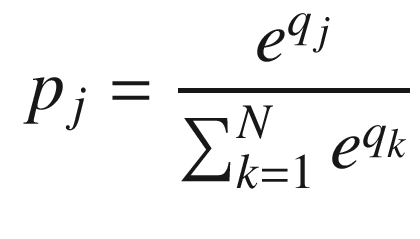 $$\displaystyle \begin{aligned} p_j = \frac{e^{q_j}}{\sum_{k=1}^Ne^{q_k }} \end{aligned} $$
