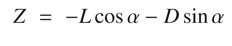 $$\displaystyle \begin{aligned} \begin{array}{rcl} Z &\displaystyle =&\displaystyle -L\cos\alpha - D\sin\alpha \end{array} \end{aligned} $$