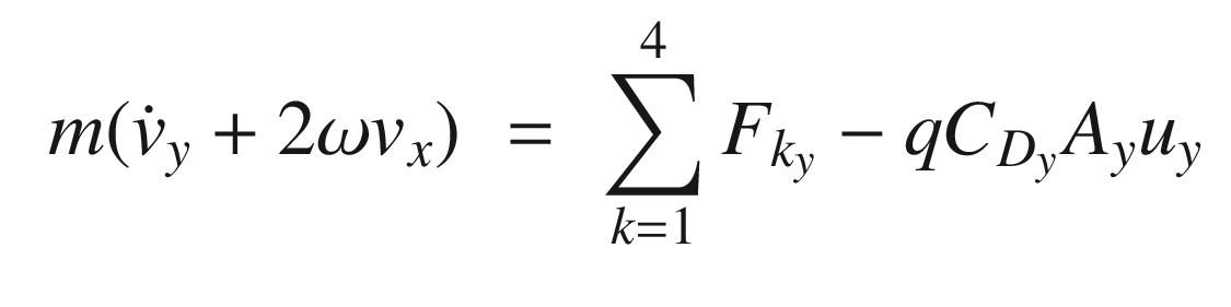 $$\displaystyle \begin{aligned} \begin{array}{rcl} m(\dot{v}_y +2\omega v_x) &\displaystyle =&\displaystyle \sum_{k=1}^4F_{k_y}- q C_{D_y} A_y u_y \end{array} \end{aligned} $$