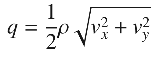 $$\displaystyle \begin{aligned} q = \frac{1}{2}\rho\sqrt{v_x^2 + v_y^2} \end{aligned} $$