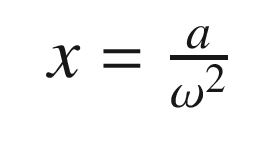 $$\displaystyle \begin{aligned} \begin{array}{rcl} x = \frac{a}{\omega^2} \end{array} \end{aligned} $$
