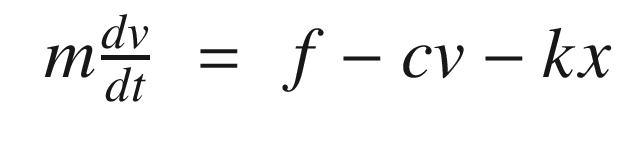$$\displaystyle \begin{aligned} \begin{array}{rcl} m\frac{dv}{dt}&\displaystyle =&\displaystyle f - cv - kx \end{array} \end{aligned} $$