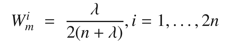 $$\displaystyle \begin{aligned} \begin{array}{rcl} W_m^i &\displaystyle =&\displaystyle \frac{\lambda}{2(n+\lambda)}, i = 1,\ldots,2n \end{array} \end{aligned} $$