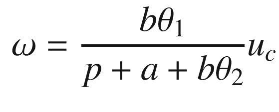 $$\displaystyle \begin{aligned} \omega = \frac{b\theta_1}{p + a + b\theta_2}u_c \end{aligned} $$