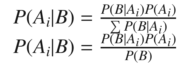 $$\displaystyle \begin{aligned} \begin{array}{rcl} P(A_i|B) = \frac{P(B|A_i)P(A_i)}{\sum P(B|A_i)} \\ P(A_i|B)= \frac{P(B|A_i)P(A_i)}{P(B)} \end{array} \end{aligned} $$