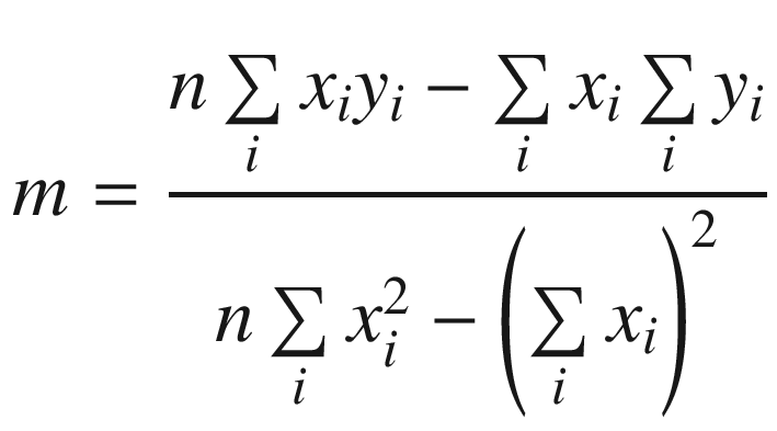 $$ m=\frac{n\sum \limits_i{x}_i{y}_i-\sum \limits_i{x}_i\sum \limits_i{y}_i}{n\sum \limits_i{x}_i^2-{\left(\sum \limits_i{x}_i\right)}^2} $$