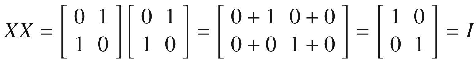$$ XX=\left[\begin{array}{cc}0&amp; 1\\ {}1&amp; 0\end{array}\right]\left[\begin{array}{cc}0&amp; 1\\ {}1&amp; 0\end{array}\right]=\left[\begin{array}{cc}0+1&amp; 0+0\\ {}0+0&amp; 1+0\end{array}\right]=\left[\begin{array}{cc}1&amp; 0\\ {}0&amp; 1\end{array}\right]=I $$