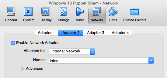 VirtualBox network adapter configuration
