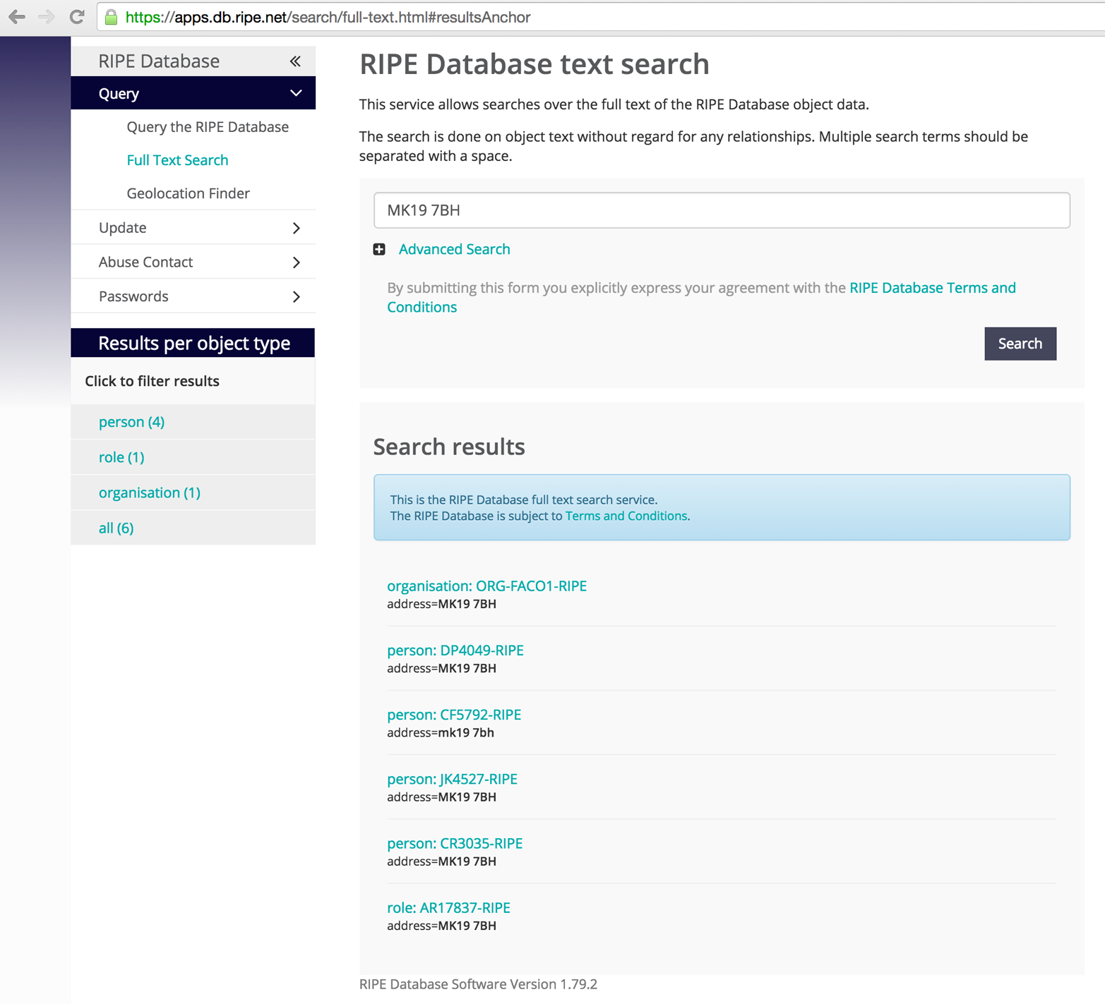 Querying the RIPE search engine using a postal code