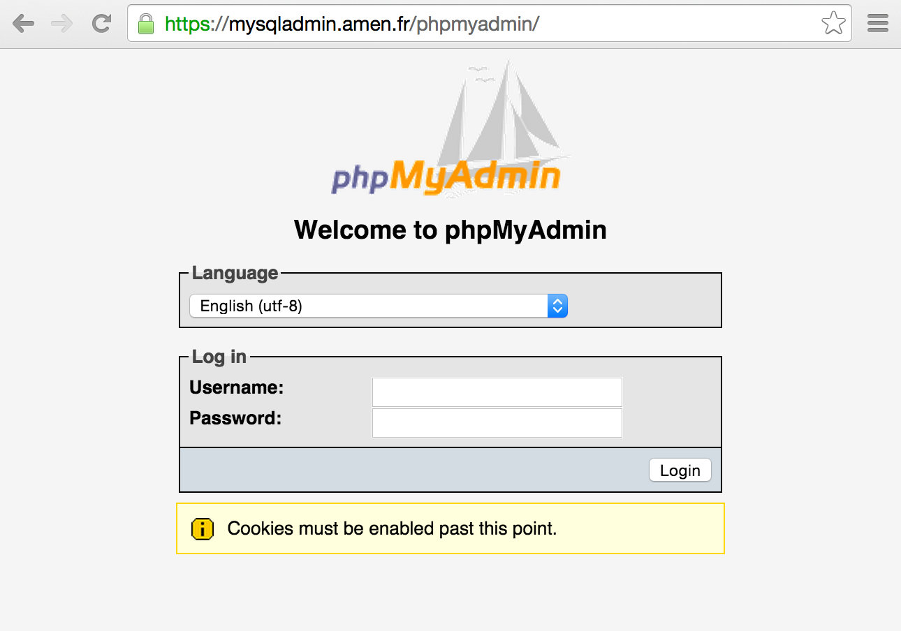 The phpMyAdmin authentication page