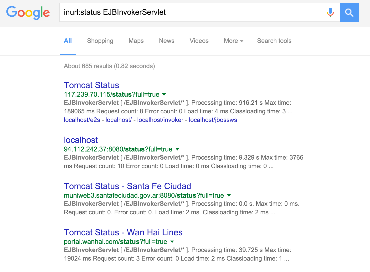 Using Google to find exposed JBoss invoker servlets