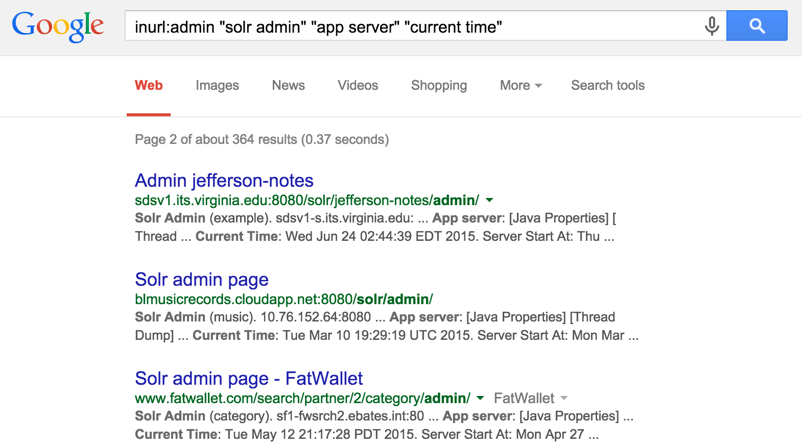 Identifying exposed Solr interfaces via Google