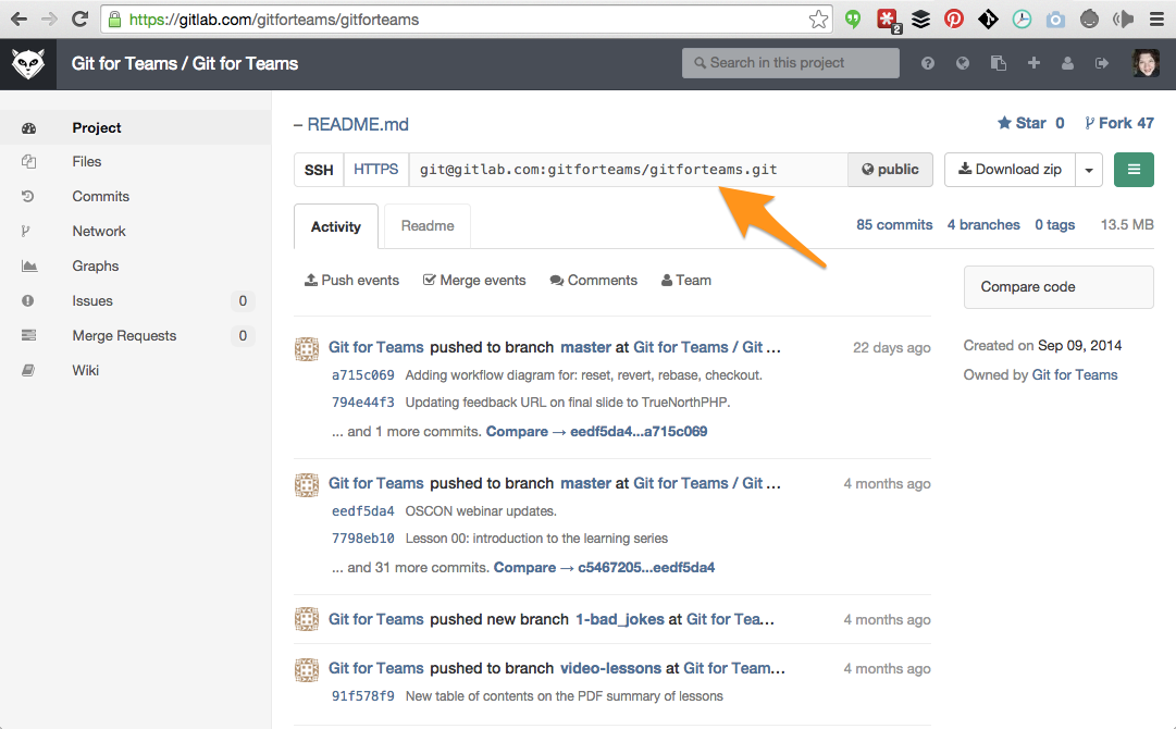 Screen shot of a GitLab project page; arrow pointing to the URL you will need to clone a project page.