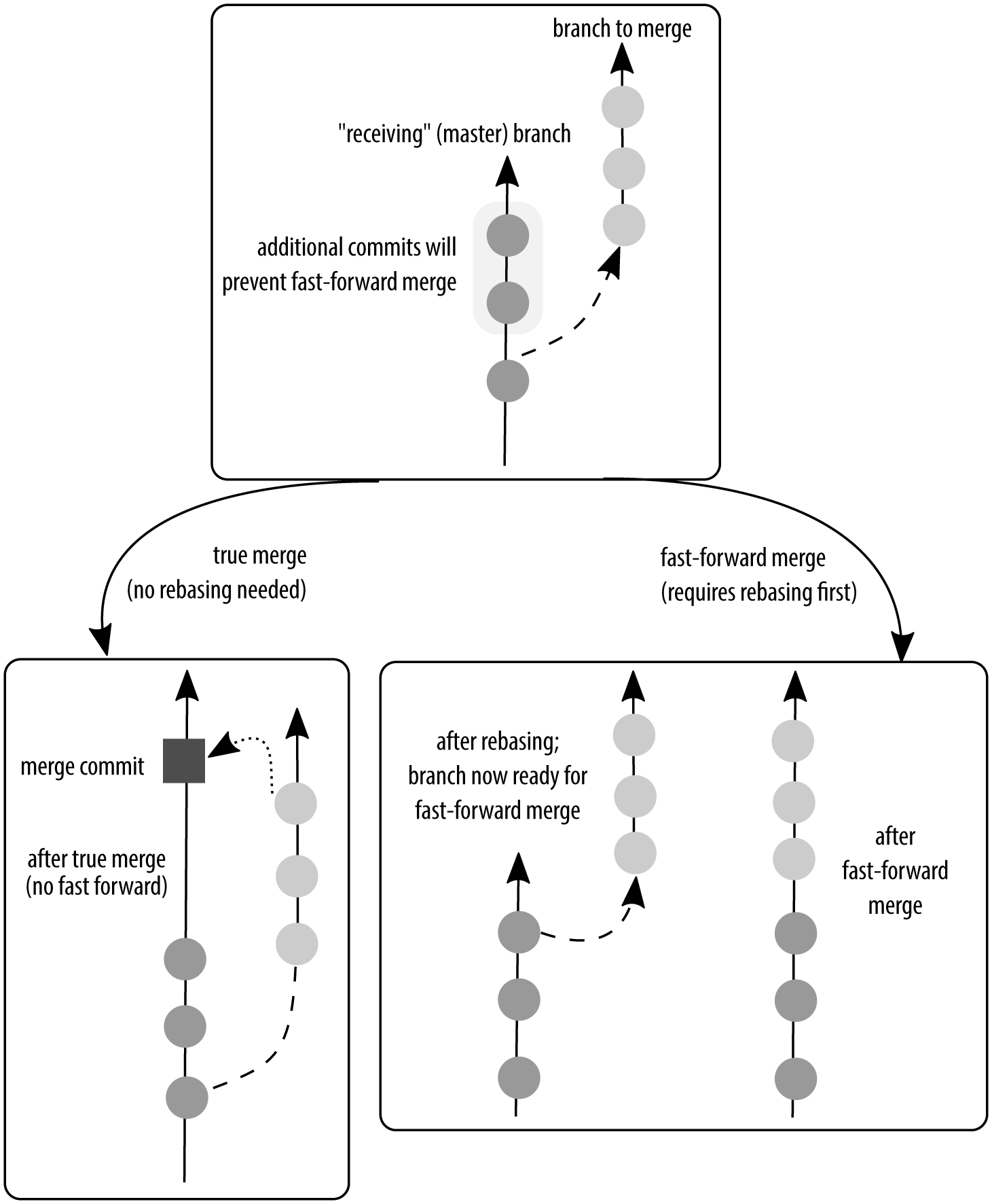 Fast forward merge contains a single string of commit objects. The true merge contains two strings which are joined with a commit.