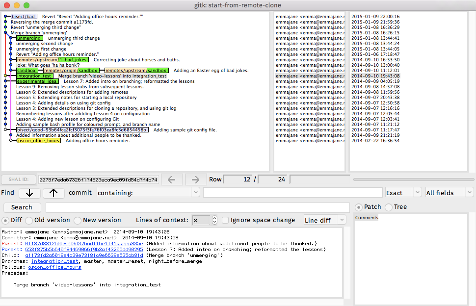 A screen shot of the gitk output for a bisect process. Two commits are identified as being uniquely 'good' and 'bad'.