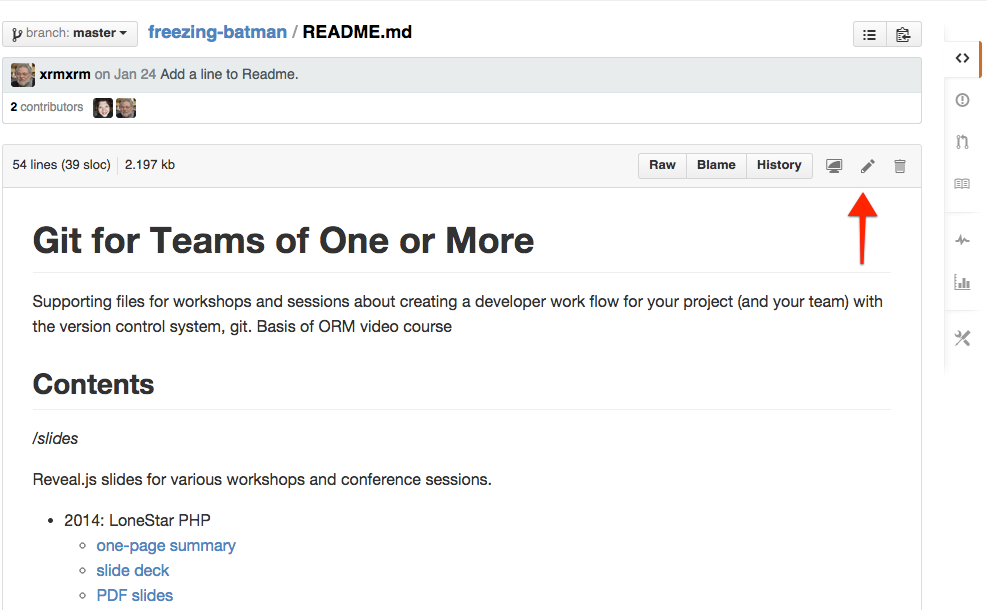 Screen shot of a file preview for a specific branch. The pencil icon has the ARIA label 'Edit this file'; alternately it has been assigned the hot key 'e'.