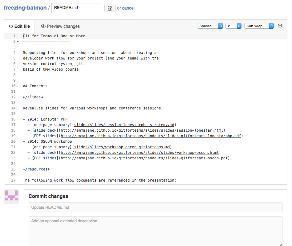 File editor showing line numbers down the left side; with commit message fields below the file editor.