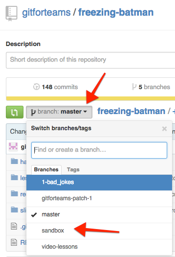 Shows the expanded menu to change branches. The ARIA label for this button is 'Switch branches or tags'; there is not a hot key for this button.