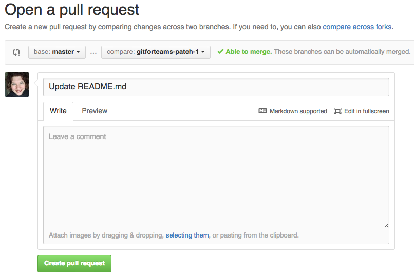 Two-field form: title and description. Button 'Create pull request' appears at the bottom of the form. There does not appear to be an ARIA label for this button.