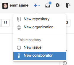The ARIA label for the + button is 'Create new ...'. It opens a list. Choose the link 'Collaborators'.